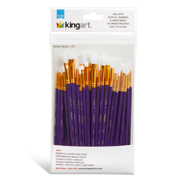 KINGART Studio White Nylon Brush Set, 30 Brushes, front of package