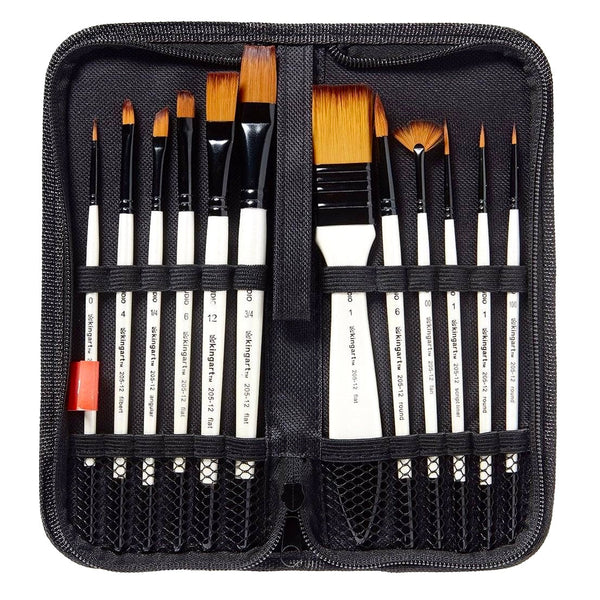 KINGART Studio Gold Nylon Brush Set with Case, 12 Brushes