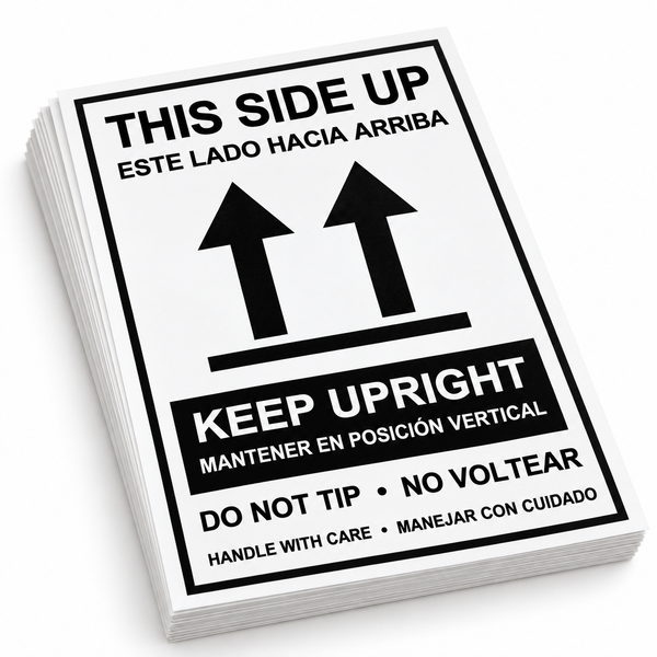 50 pack of 4x6 This Side Up labels in English and Spanish: Este Lado Hacia Arriba, Keep Upright, Do Not Tip, Handle With Care