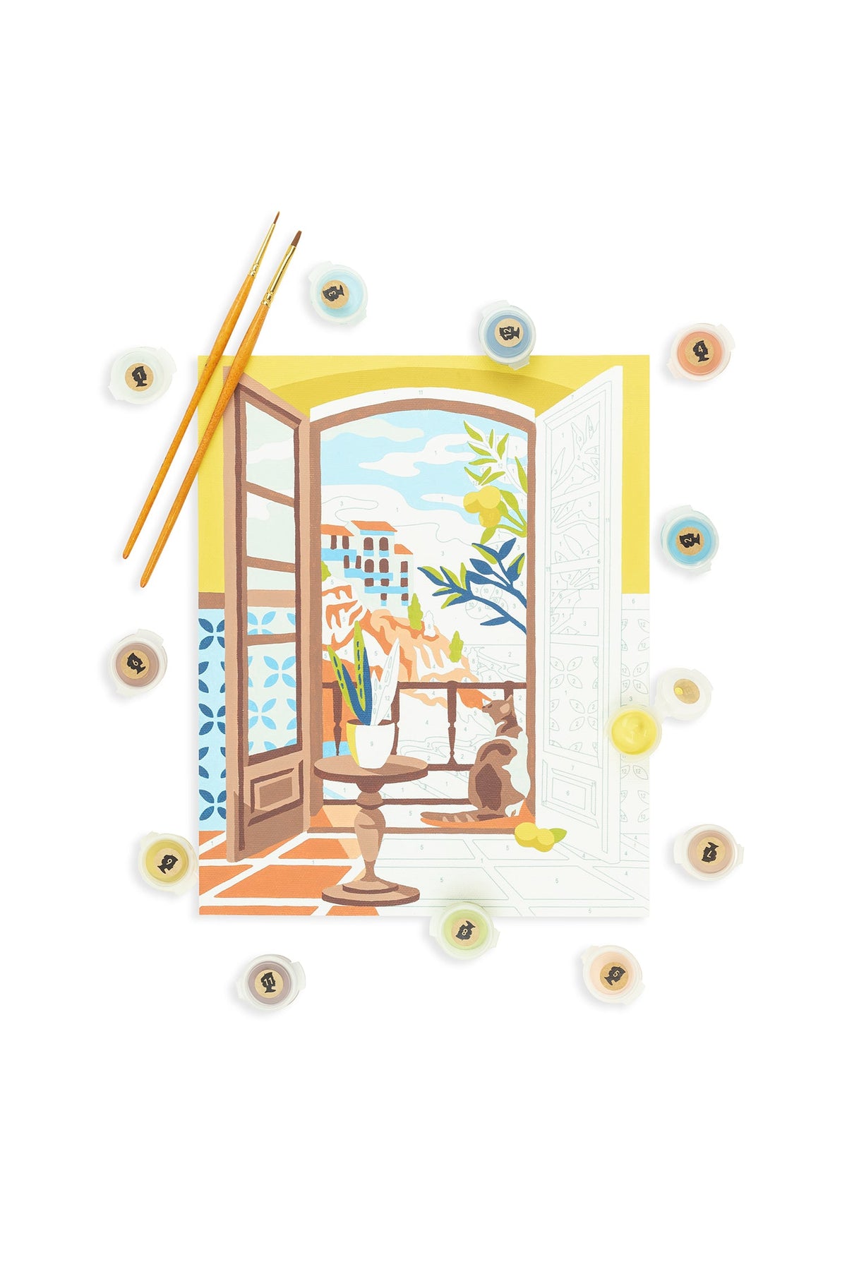 Elle Crée Coastal Catnap Paint-by-Number Kit, 8x10, kit contents laid out