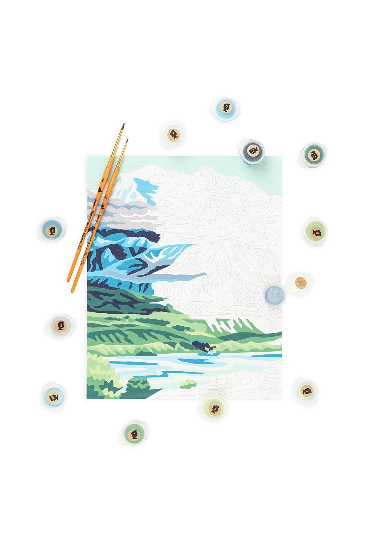 Elle Crée Denali National Park Paint-by-Number Kit, 8x10, kit contents laid out