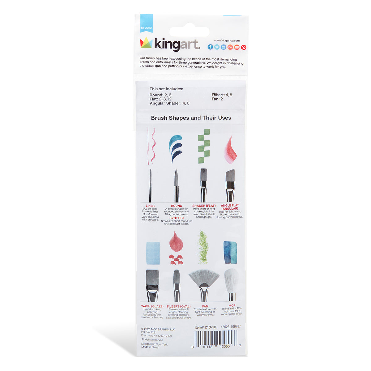 KINGART Studio Synthetic White Bristle Brush Set, 10 Brushes, back of package