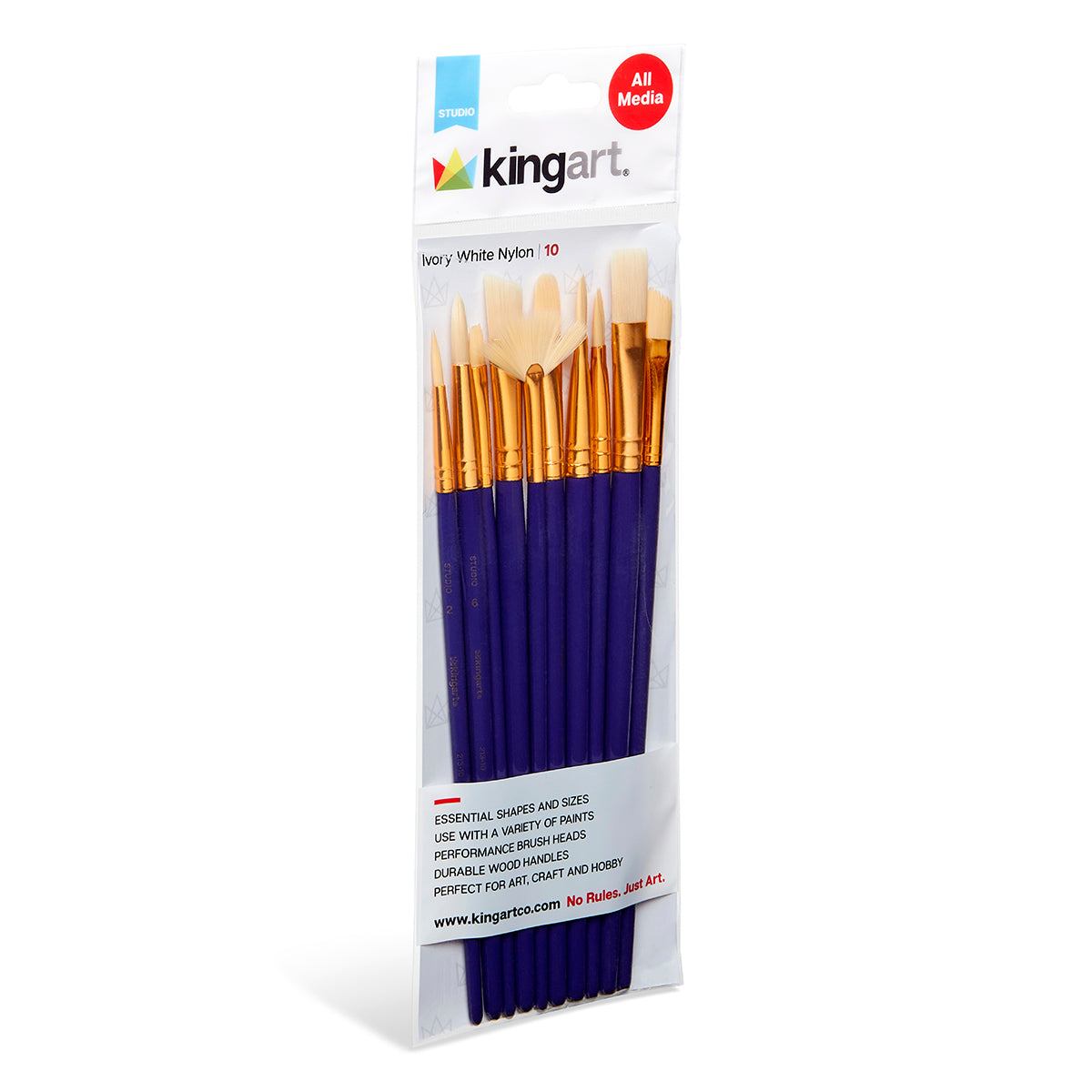 KINGART Studio Synthetic White Bristle Brush Set, 10 Brushes, front of package