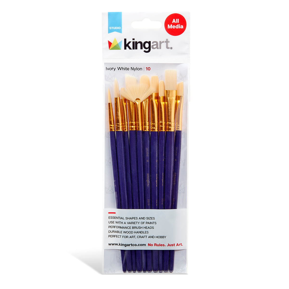 KINGART Studio Synthetic White Bristle Brush Set, 10 Brushes, front of package
