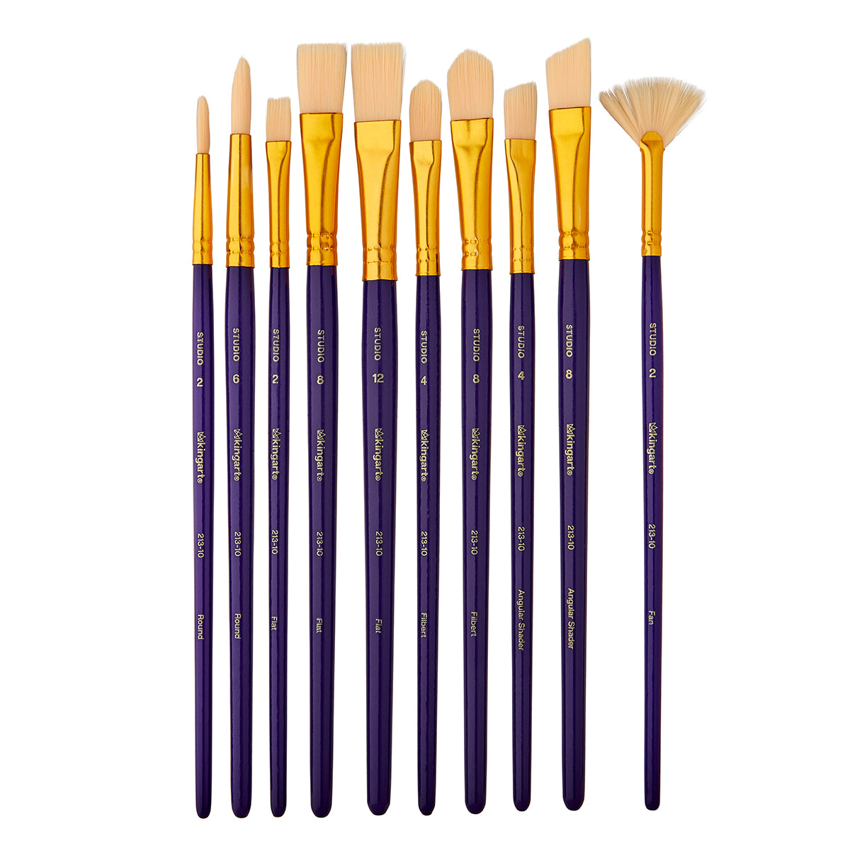 KINGART Studio Synthetic White Bristle Brush Set, 10 Brushes, brushes laid out
