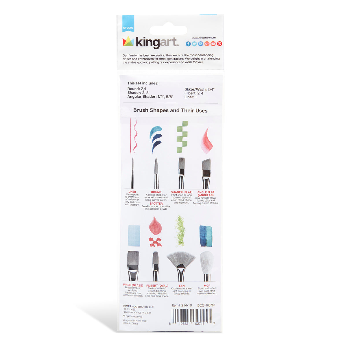 KINGART Studio White Nylon Brush Set, 10 Brushes, back of package