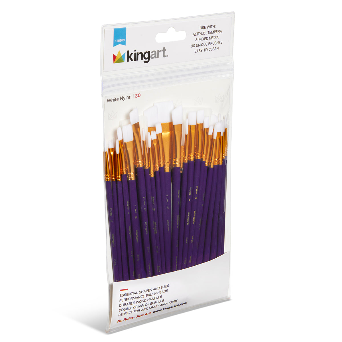 KINGART Studio White Nylon Brush Set, 30 Brushes, angled view of package