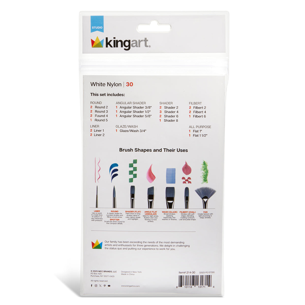 KINGART Studio White Nylon Brush Set, 30 Brushes, back of package