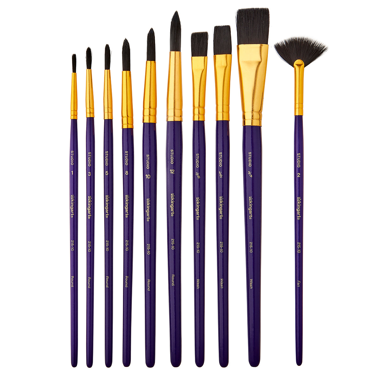 KINGART Studio Black Nylon Brush Set, 10 Brushes, brushes laid out