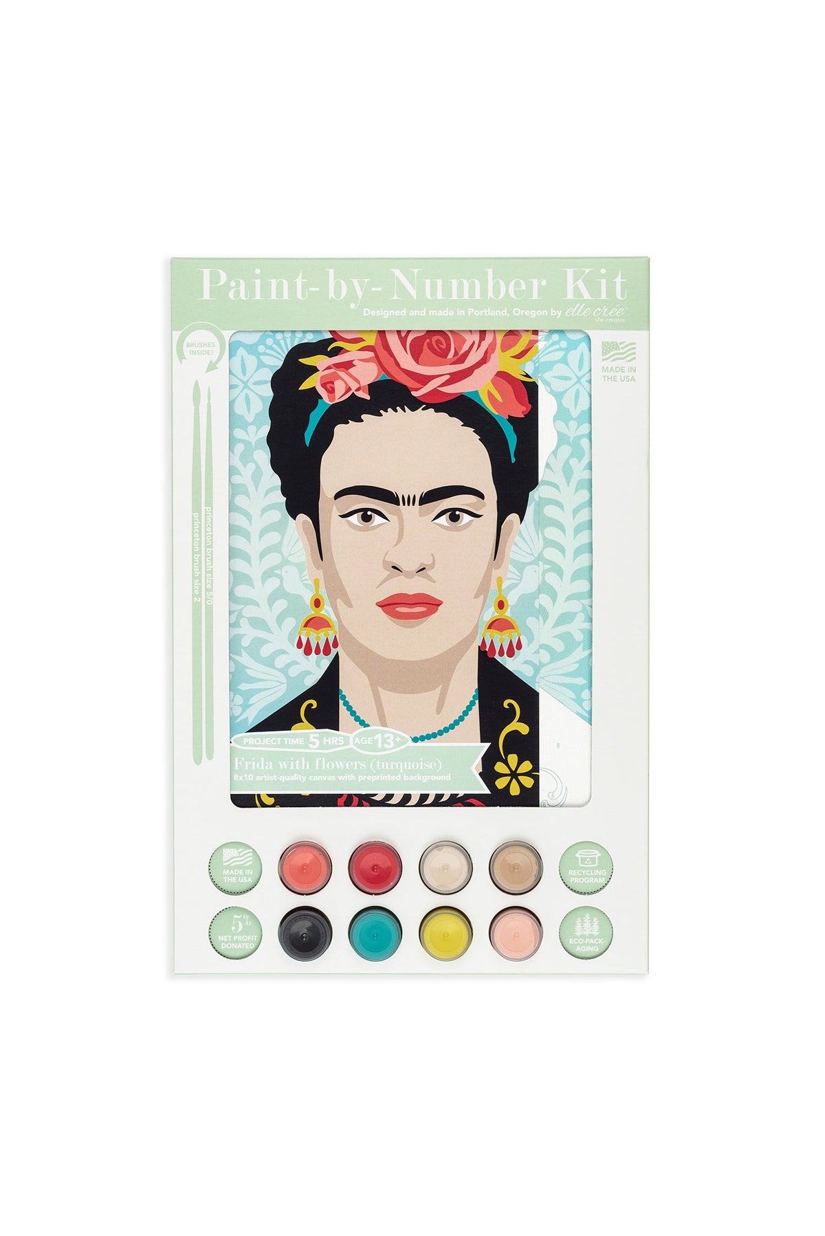 Elle Crée Frida with Flowers (turquoise) Paint-by-Number Kit, 8x10, kit packaging