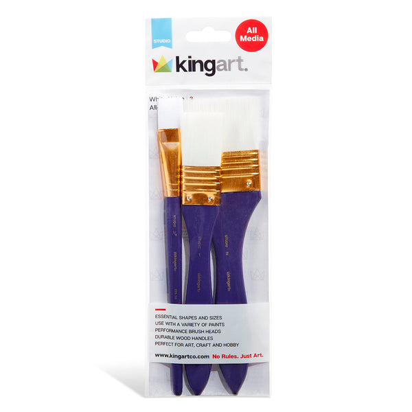 KINGART Studio Large Area Brush Set, 3 White Nylon Flats