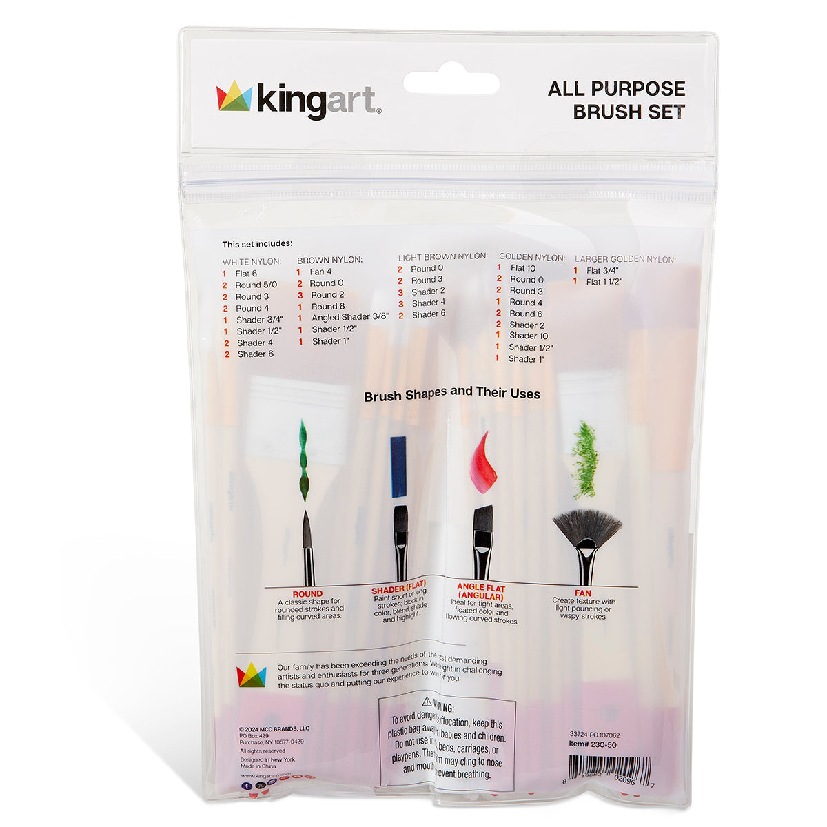 KINGART Value Pack Brush Set, 50 Brushes, back of package