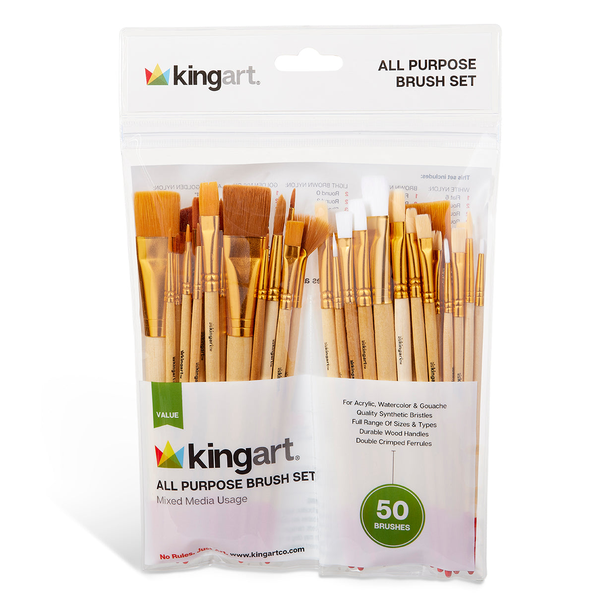 KINGART Value Pack Brush Set, 50 Brushes, front of package