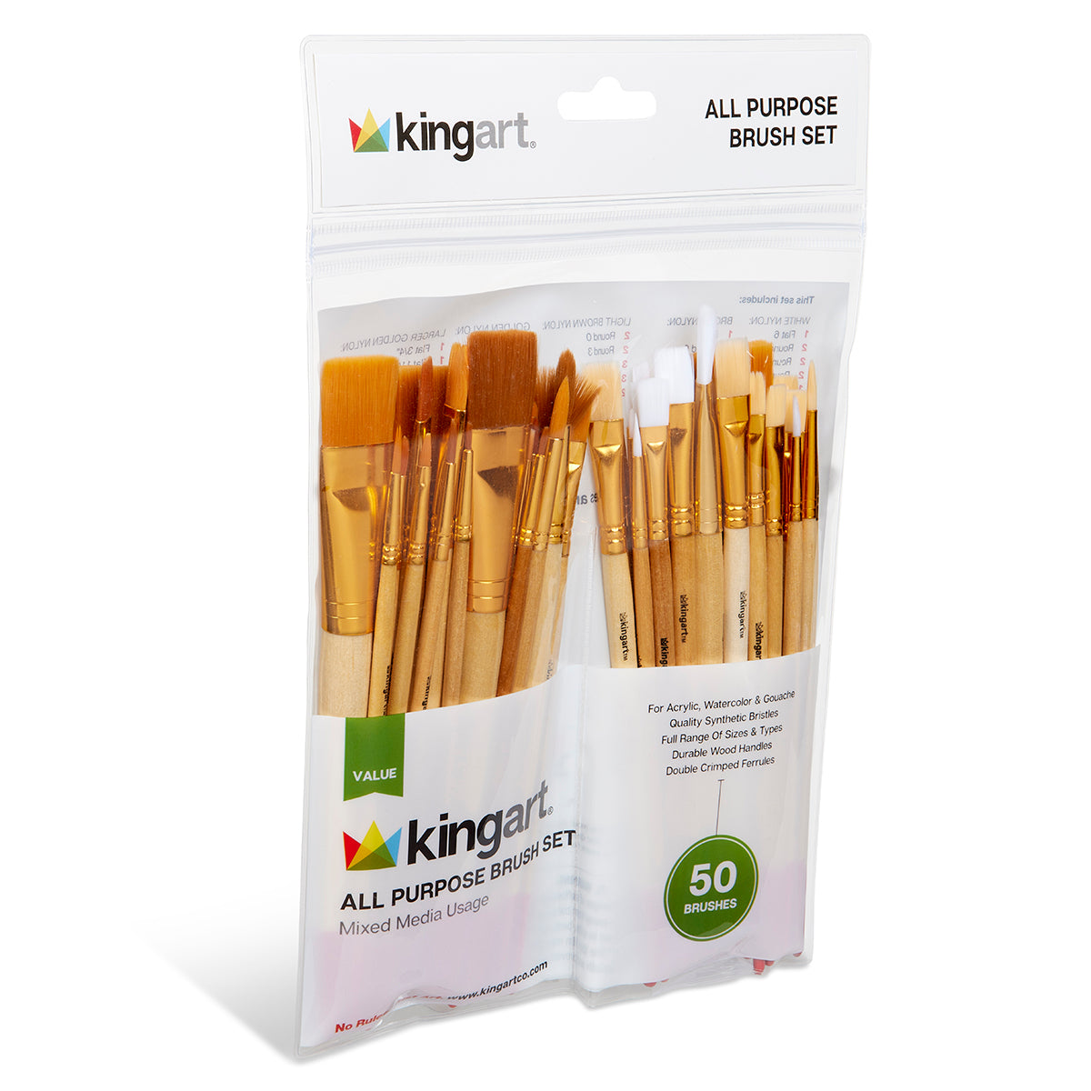 KINGART Value Pack Brush Set, 50 Brushes, front of package