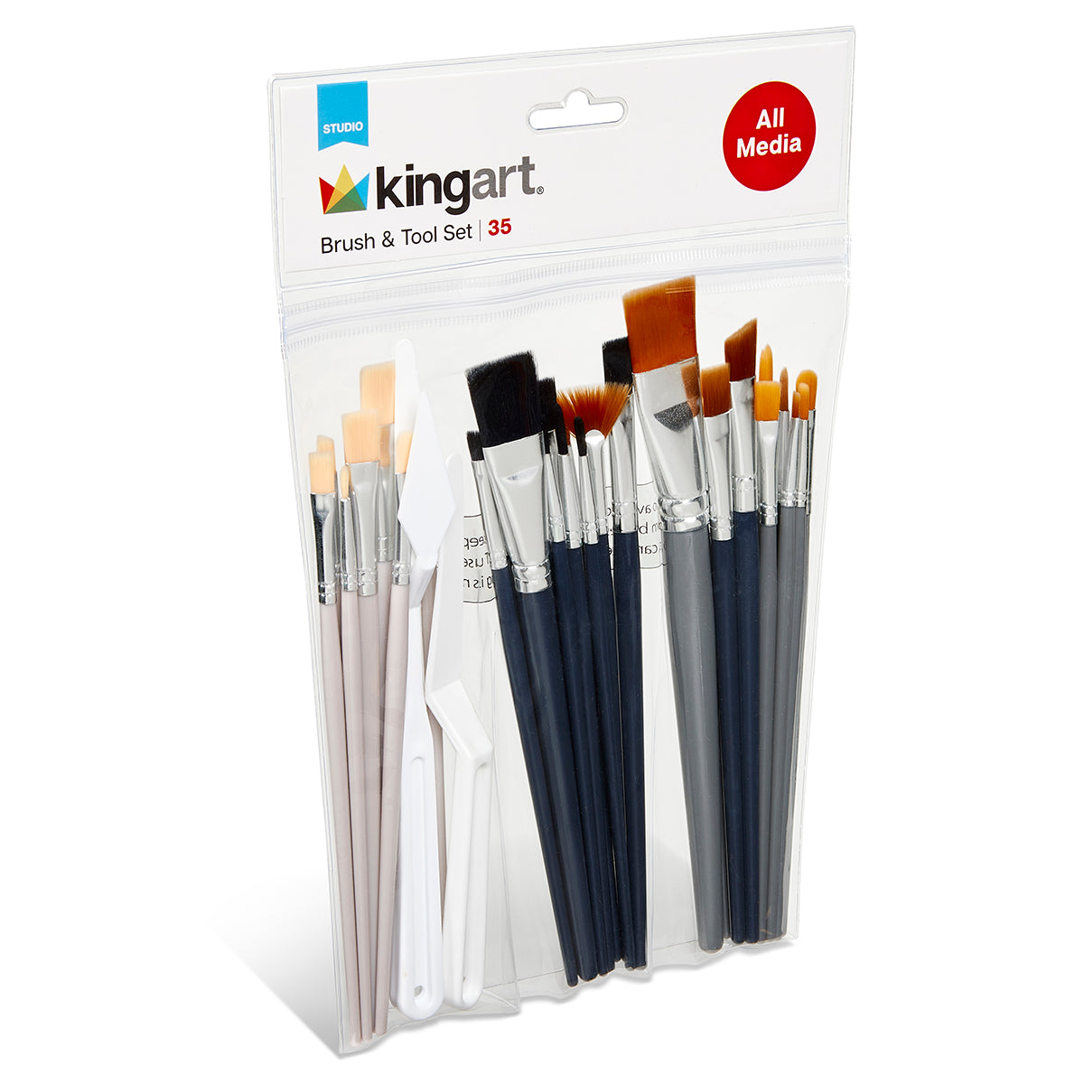 KINGART Studio Brush & Palette Knife Set, 35 Pieces, angled view of package