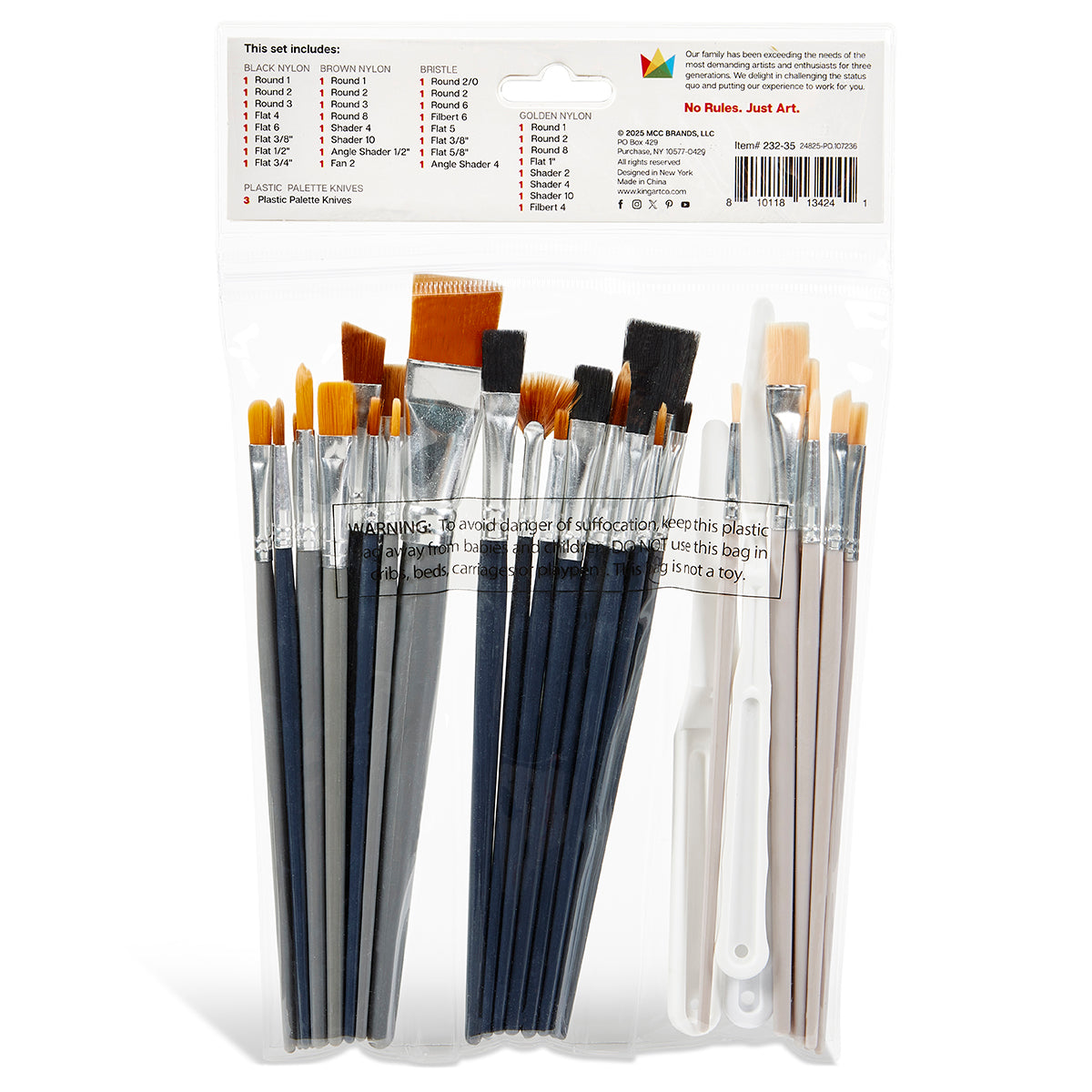 KINGART Studio Brush & Palette Knife Set, 35 Pieces, back of package