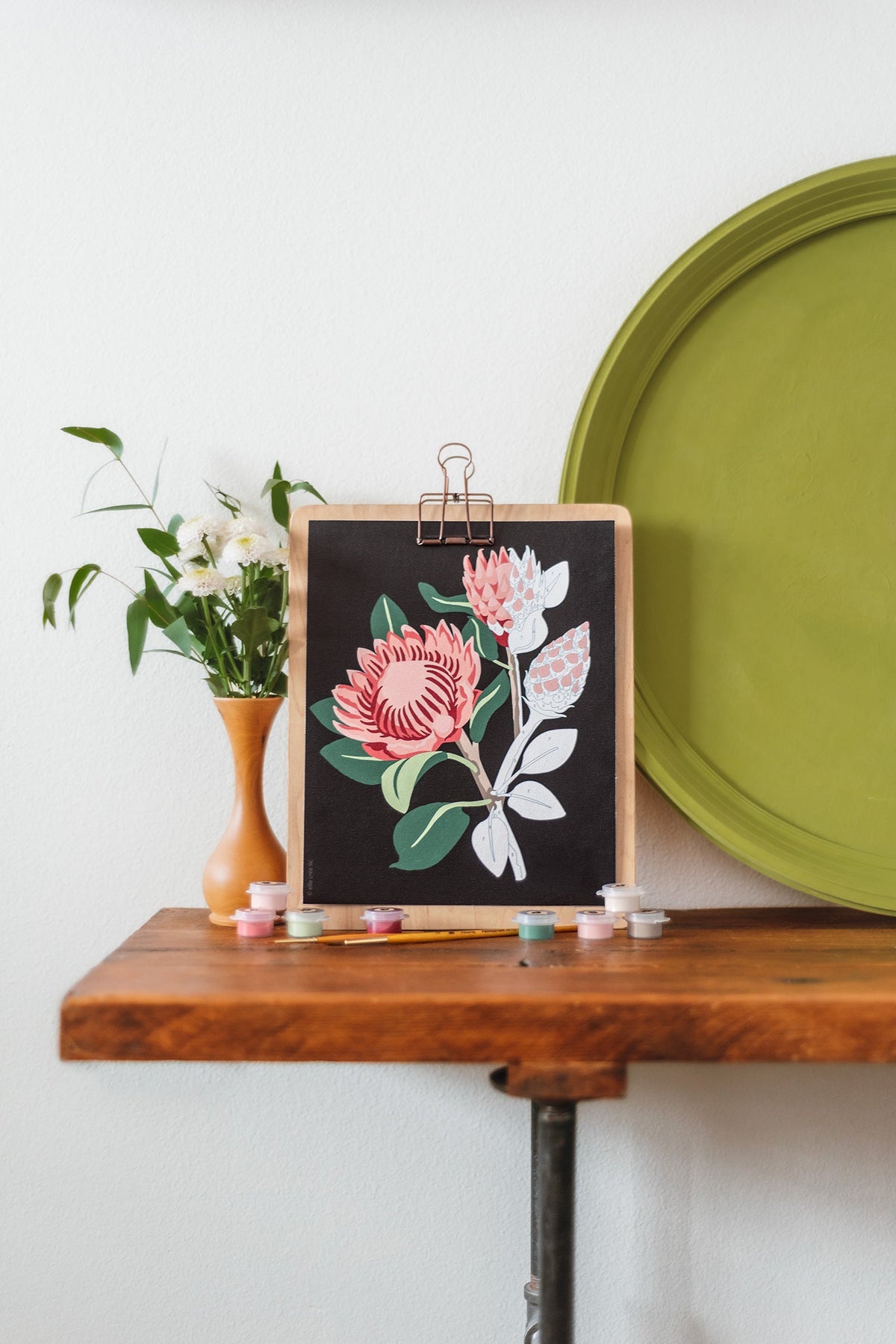 Elle Crée King Protea Blooms (black background) Paint-by-Number Kit, 8x10, styled at home