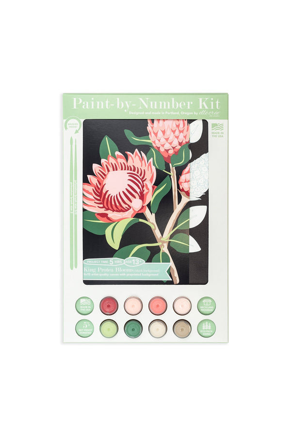 Elle Crée King Protea Blooms (black background) Paint-by-Number Kit, 8x10, kit packaging