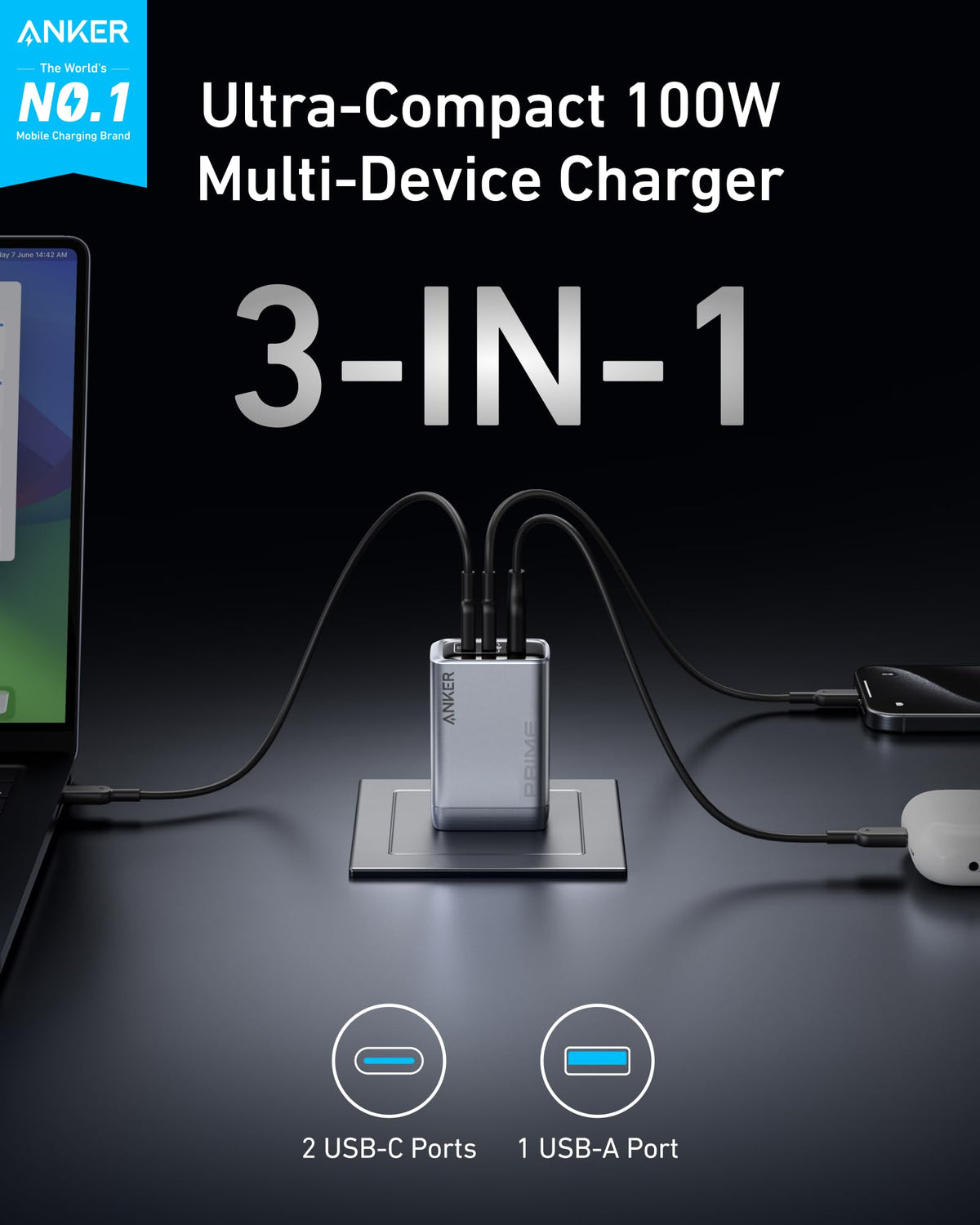 Anker | Prime Charger | 100W, 3 Ports, GaN