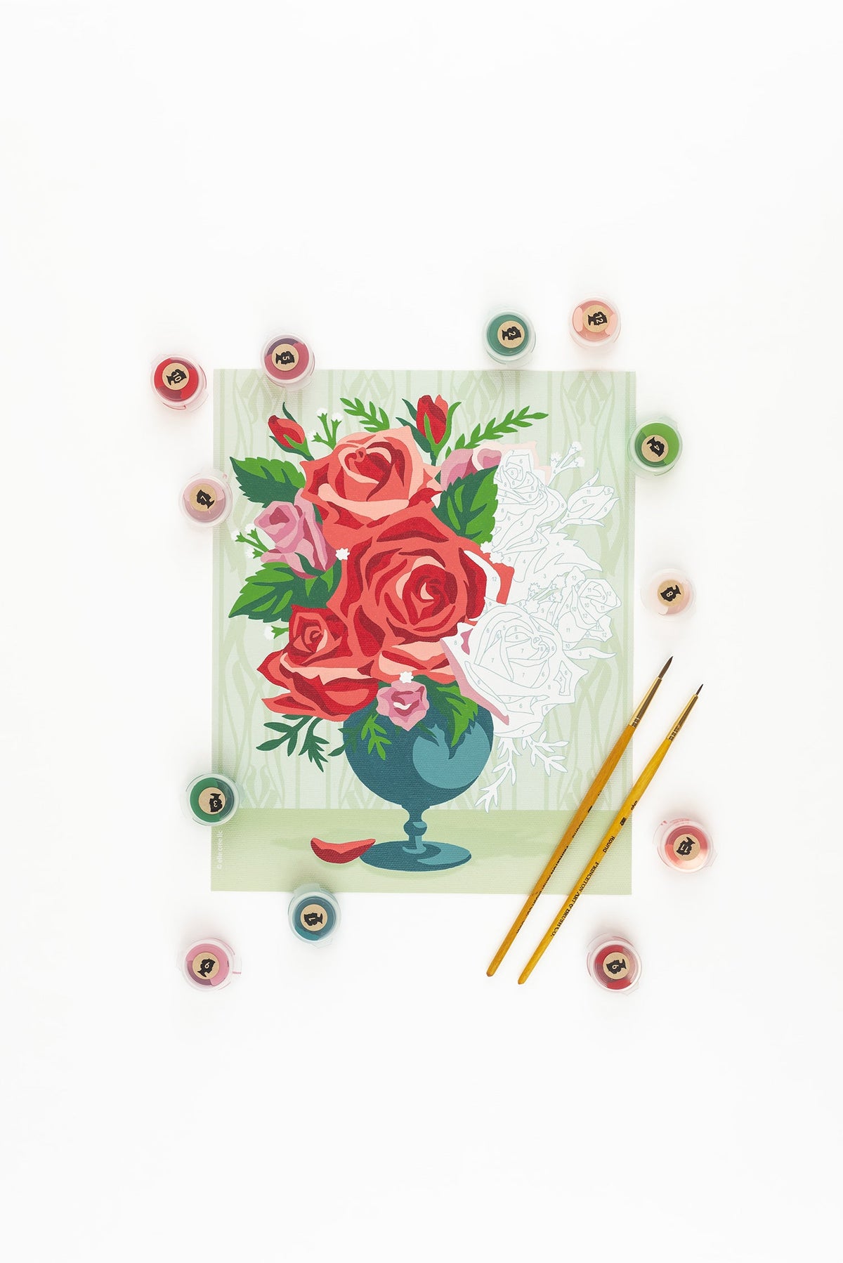 Elle Crée Roses in Vase (wallpaper background) Paint-by-Number Kit, 8x10, kit contents laid out