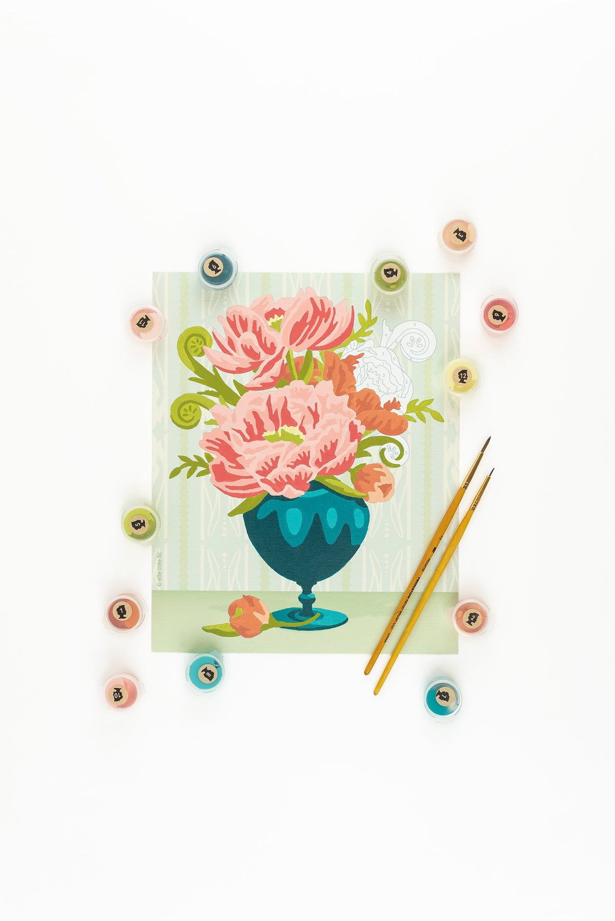 Elle Crée Peonies in Vase (wallpaper background) Paint-by-Number Kit, 8x10, kit contents laid out