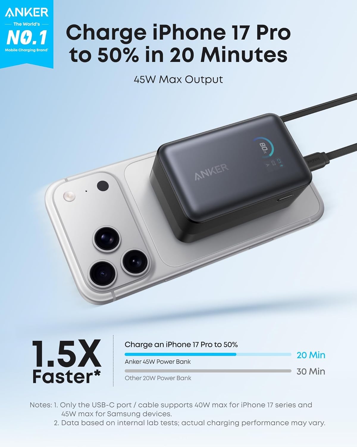 Anker | Nano Power Bank | 10K, 45W, Built-In Retractable USB-C Cable