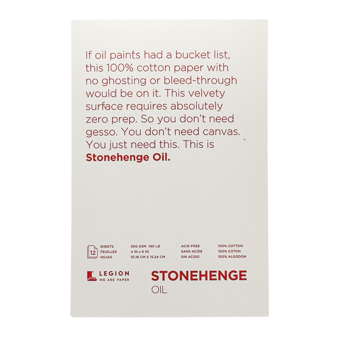 Legion Stonehenge Oil Paper Pad, White, 4x6", 12 Sheets