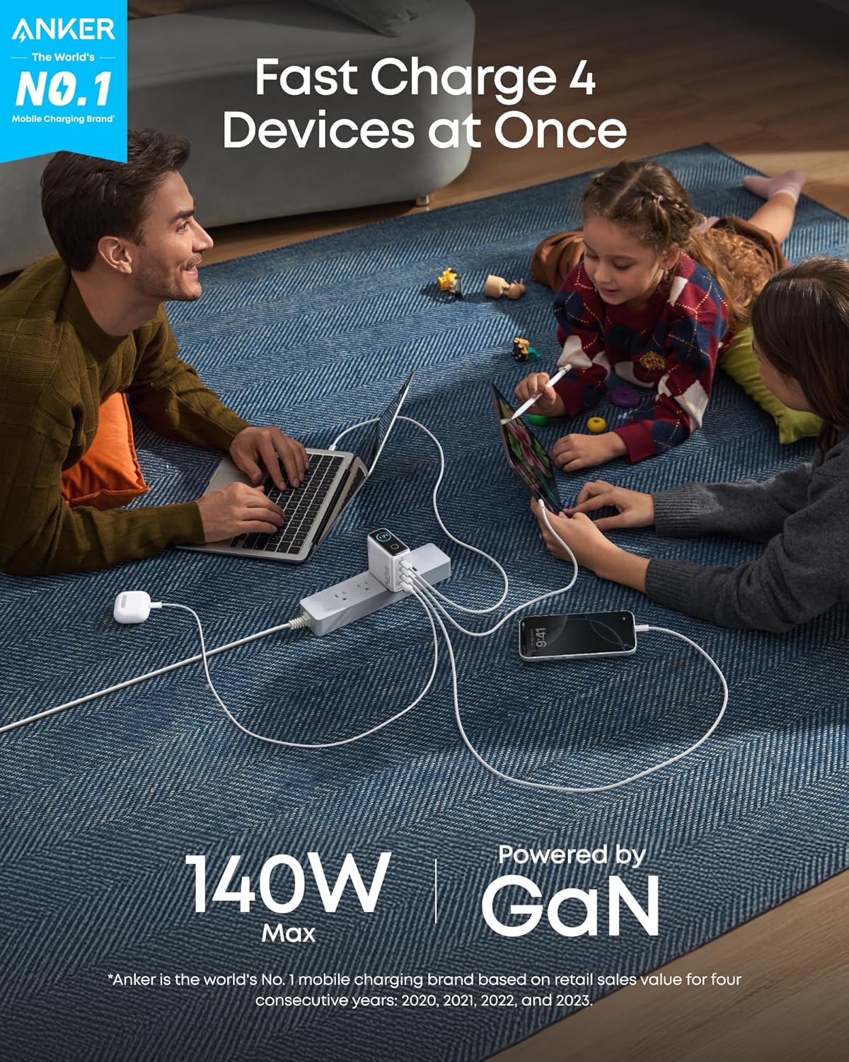 Anker | Charger with USB-C Cable | 140W, 4 Ports, PD 3.1