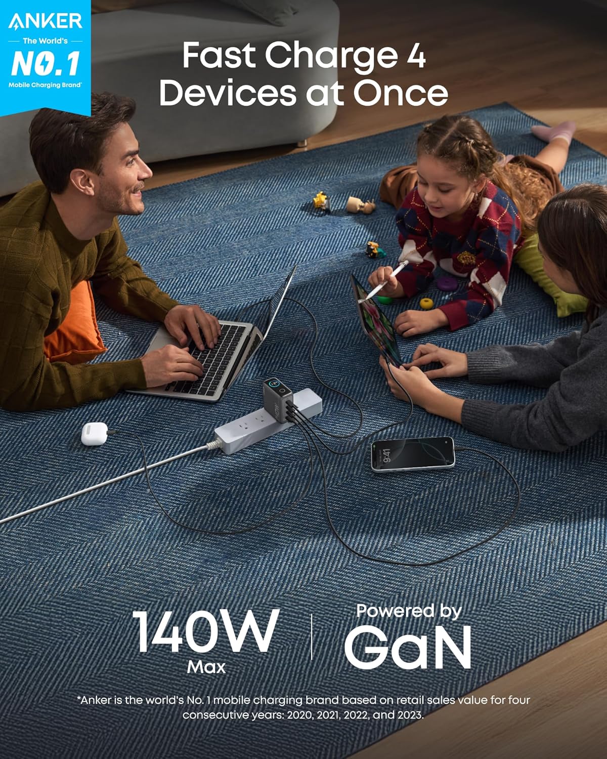 Anker | Charger with USB-C Cable | 140W, 4 Ports, PD 3.1