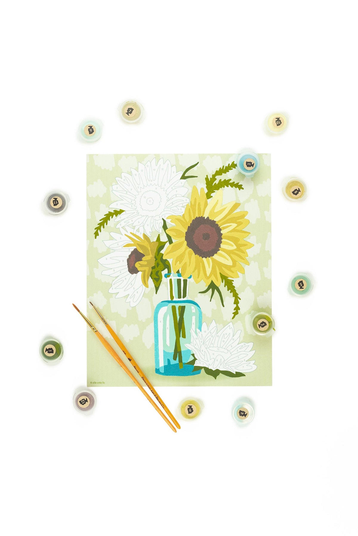 Elle Crée Sunflowers in Vase (yellow) Paint-by-Number Kit, 8x10, kit contents laid out