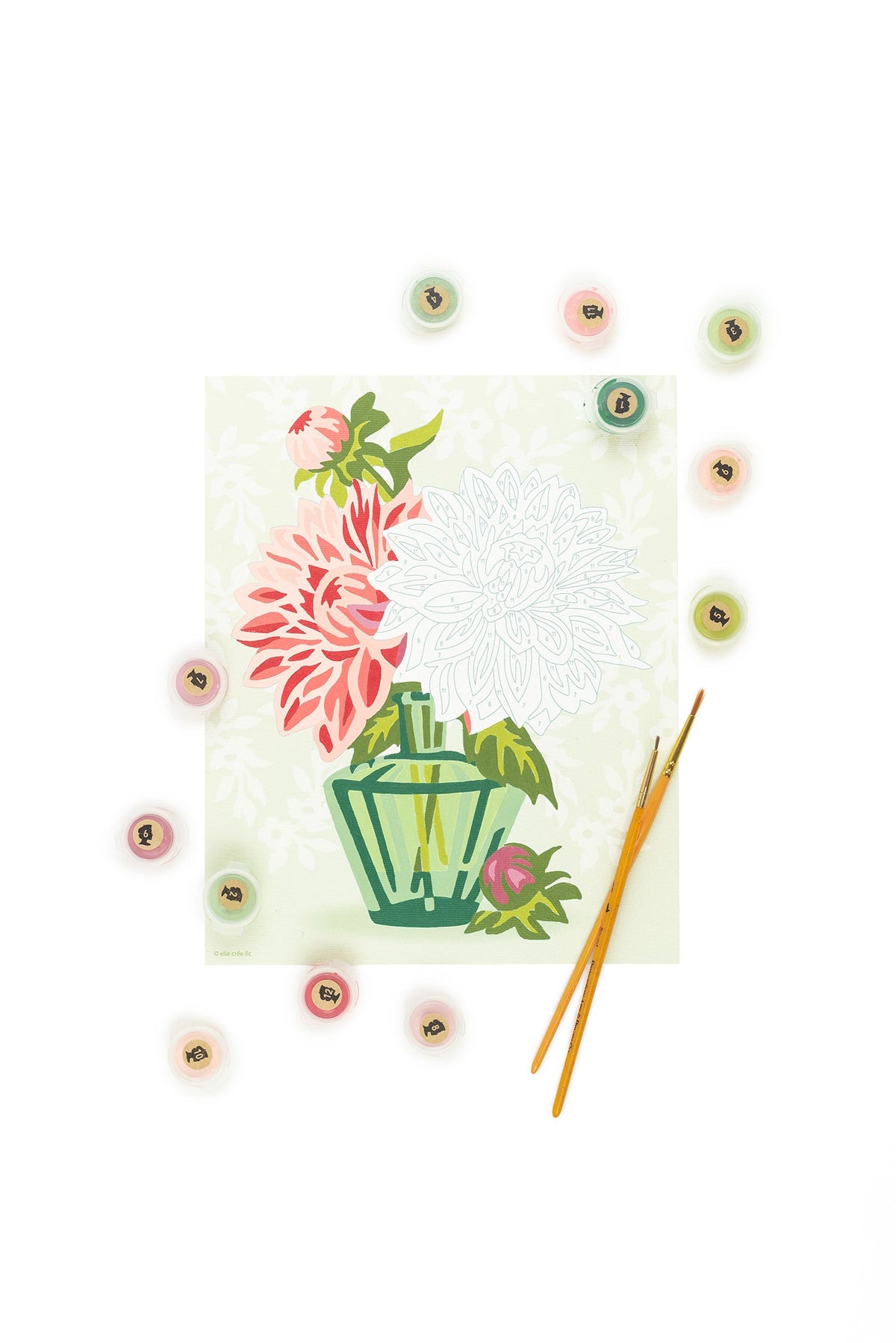 Elle Crée Dahlias in Vase Paint-by-Number Kit, 8x10, kit contents laid out