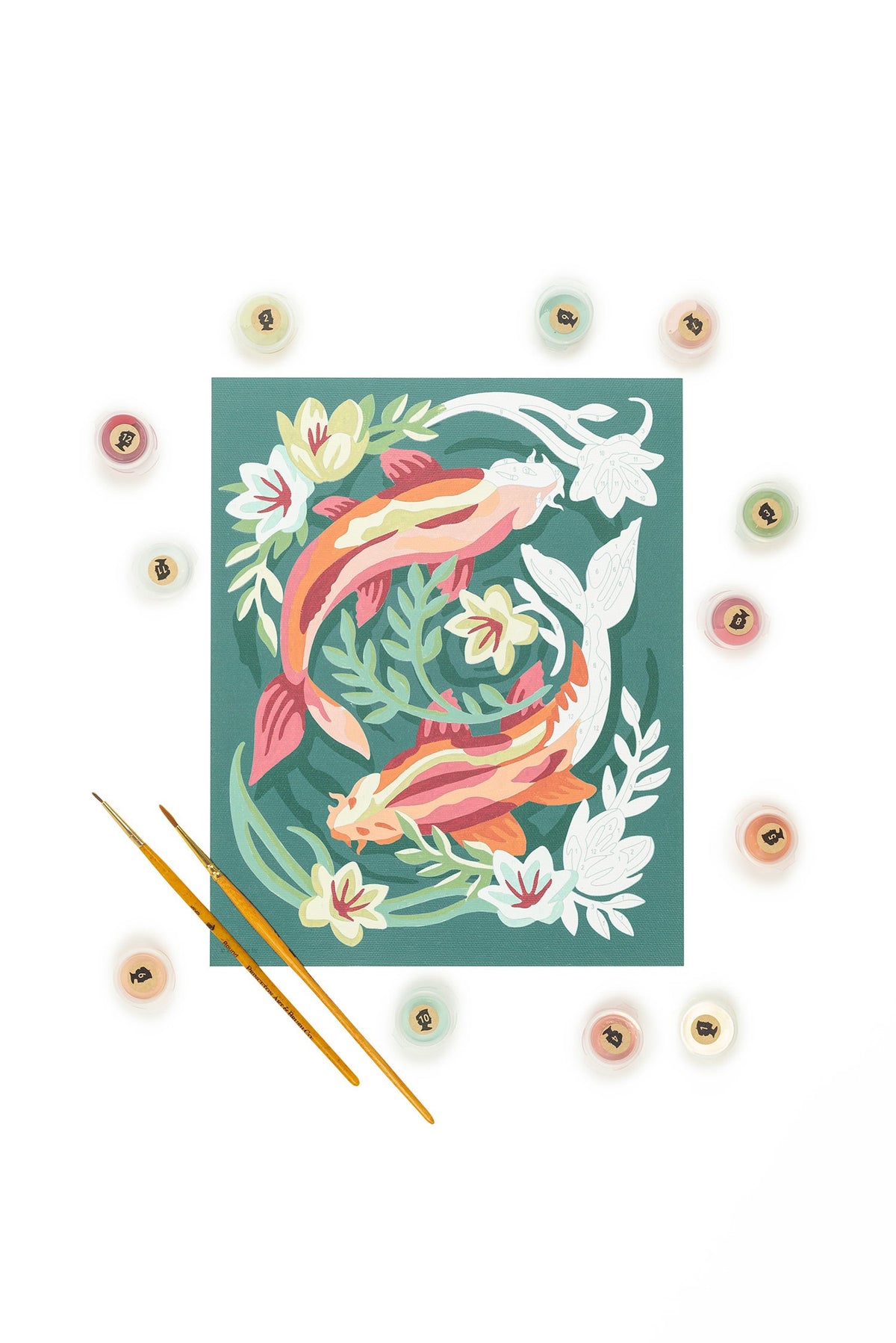 Elle Crée Koi Fish in Pond Paint-by-Number Kit, 8x10, kit contents laid out
