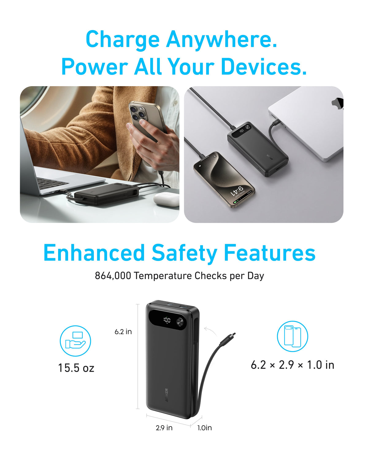 Anker | Power Bank | 20K, 87W, Built-In USB-C Cable