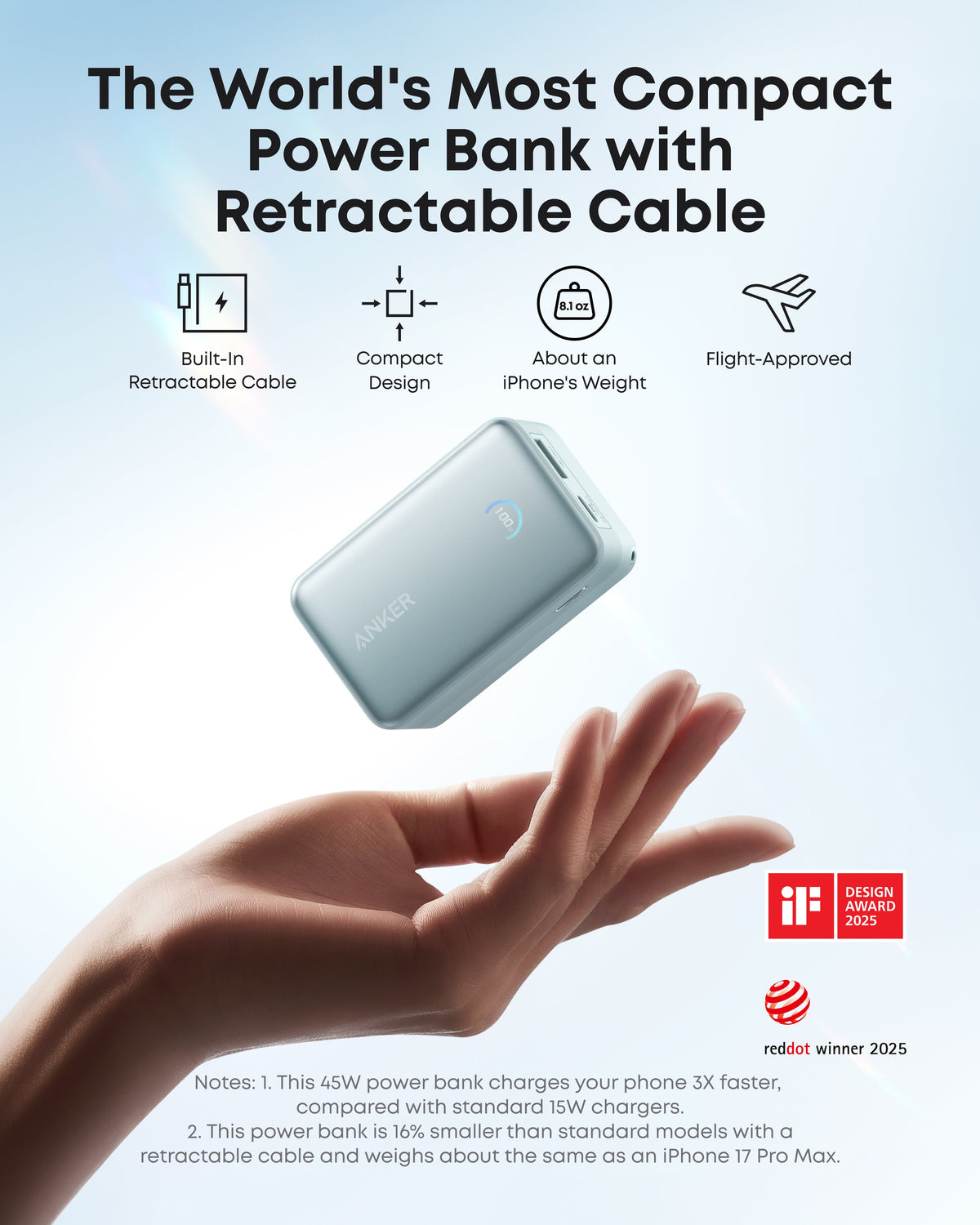 Anker | Nano Power Bank | 10K, 45W, Built-In Retractable USB-C Cable