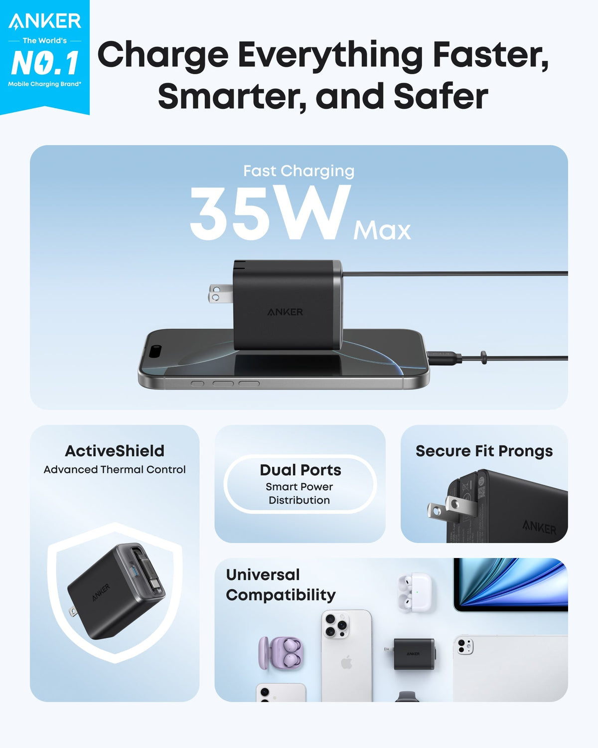Anker | Nano Charger | 35W, Built-In Retractable USB-C Cable