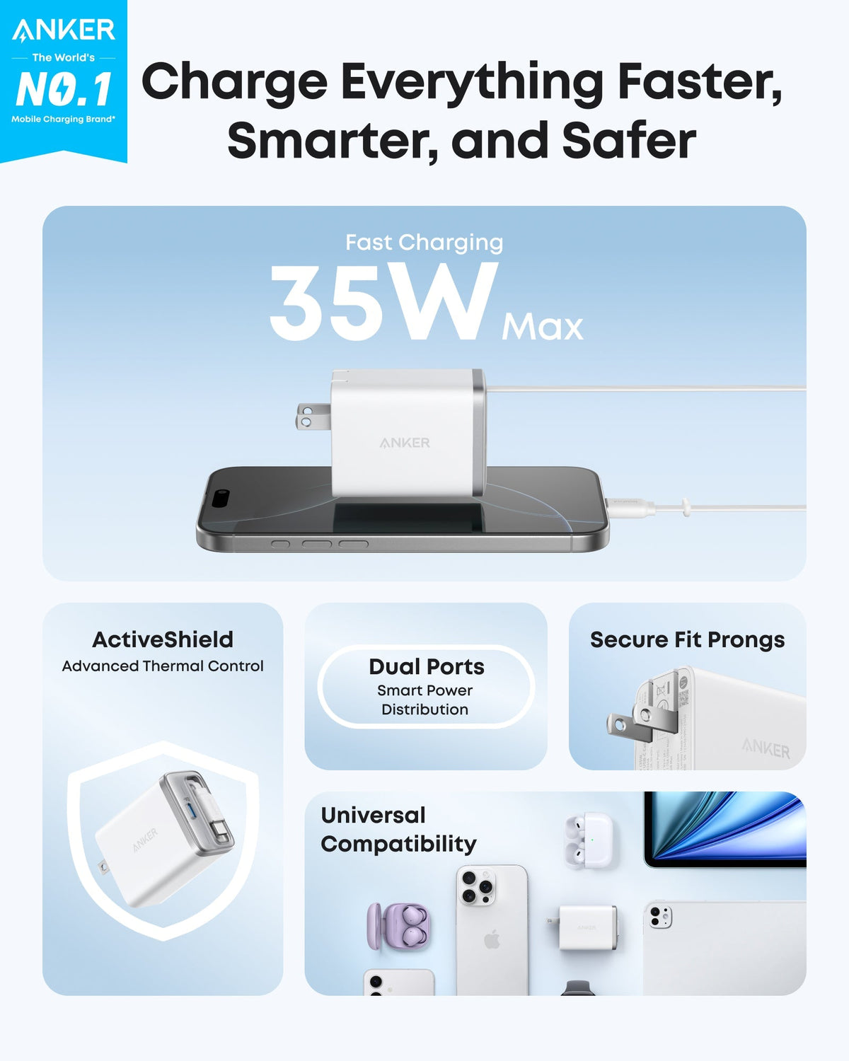 Anker | Nano Charger | 35W, Built-In Retractable USB-C Cable