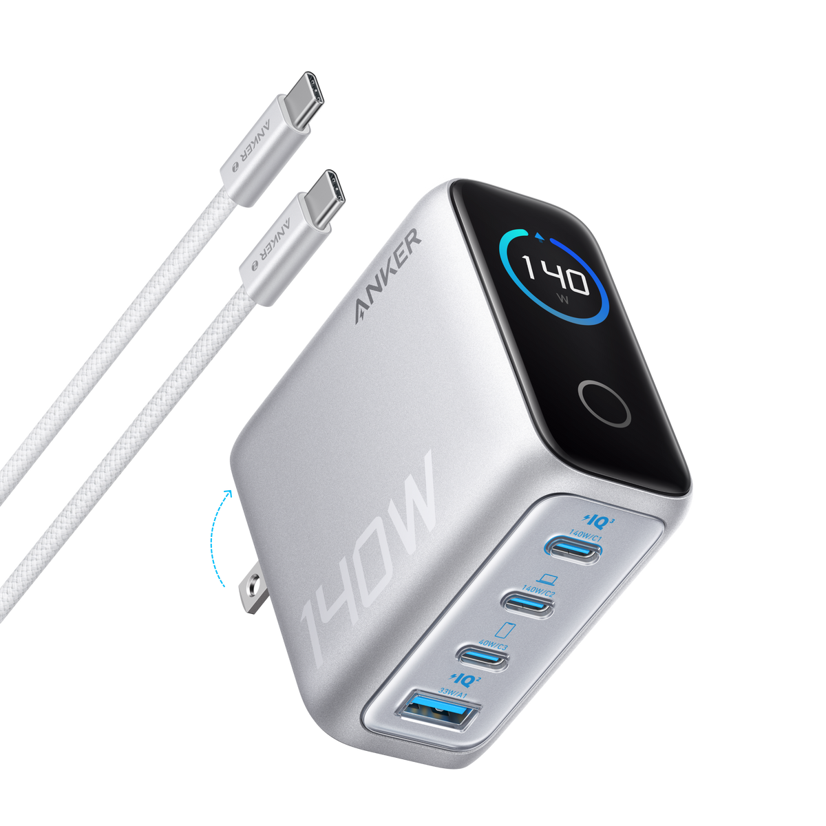 Anker | Charger with USB-C Cable | 140W, 4 Ports, PD 3.1