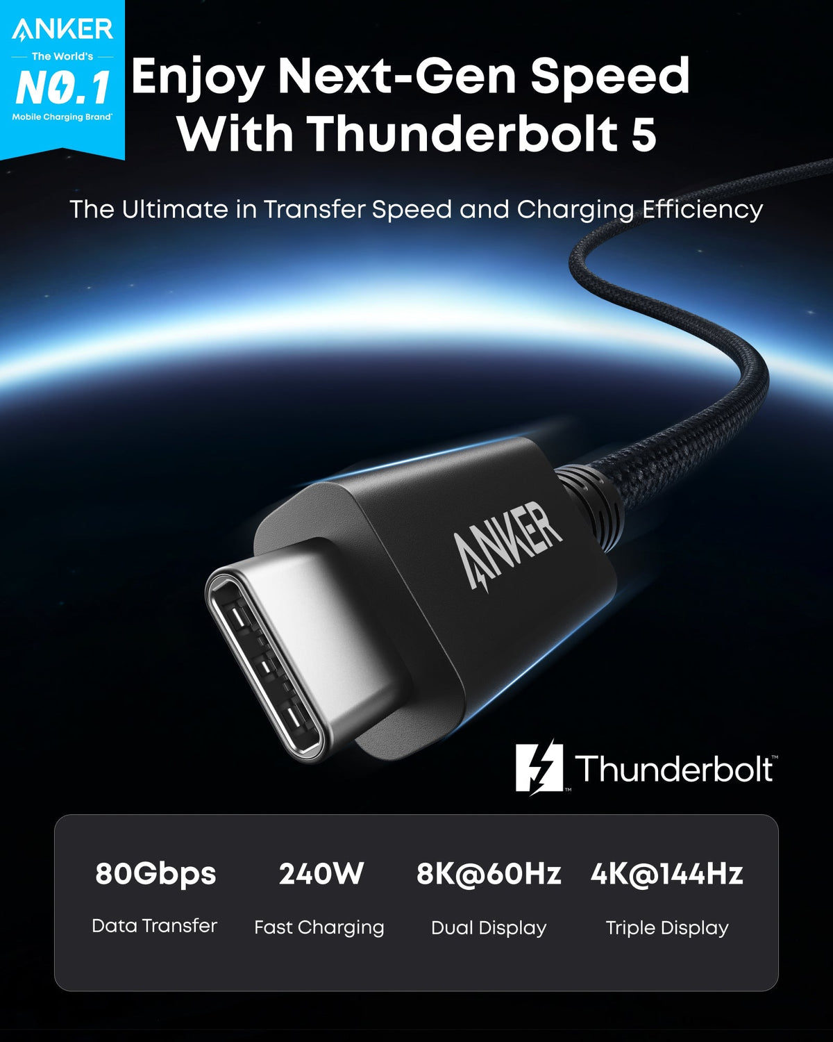 Anker | Prime Thunderbolt 5 Cable | 3.3 ft / 1.7 ft, 80 Gbps, 240W