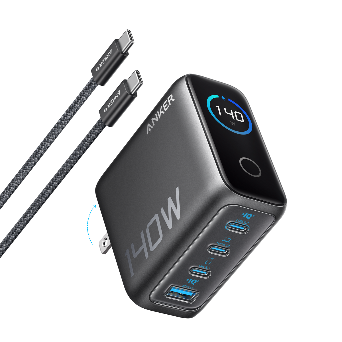 Anker Charger with USB-C Cable, 140W, 4 Ports, PD 3.1