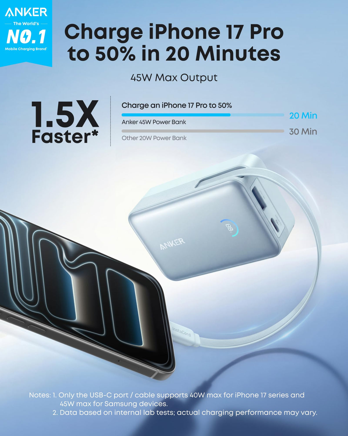 Anker | Nano Power Bank | 10K, 45W, Built-In Retractable USB-C Cable