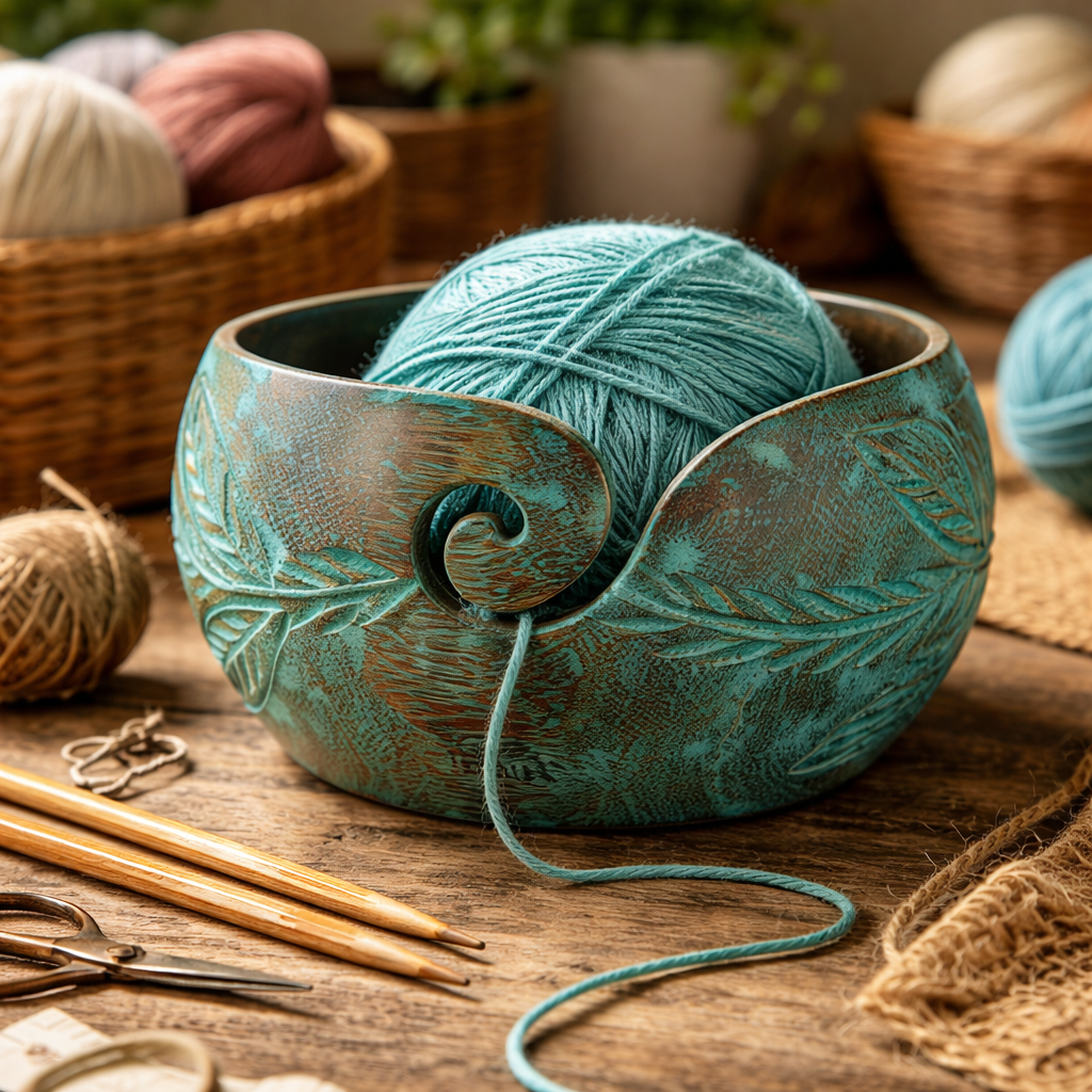 Darn Good Yarn Isabelle Collection Wooden Yarn Bowl, Patina Blue/Green