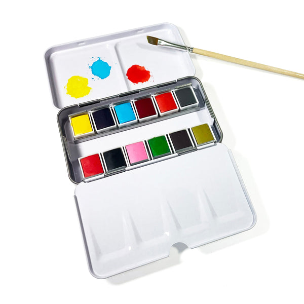 Elseware Unplug Watercolor Set, 12 Colors in Metal Travel Palette, color swatches