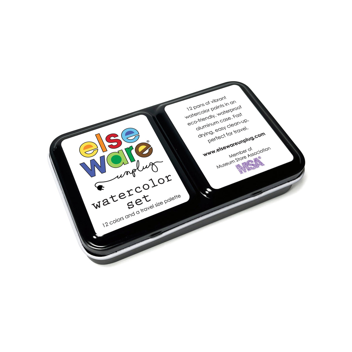 Elseware Unplug Watercolor Set, 12 Colors in Metal Travel Palette, color swatches