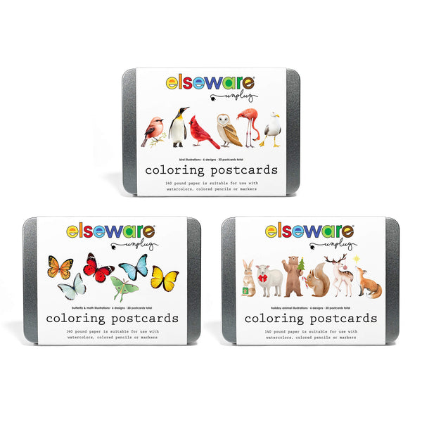 Elseware Unplug Coloring Postcards, 30 Cards, 6 Designs in a Tin, set overview