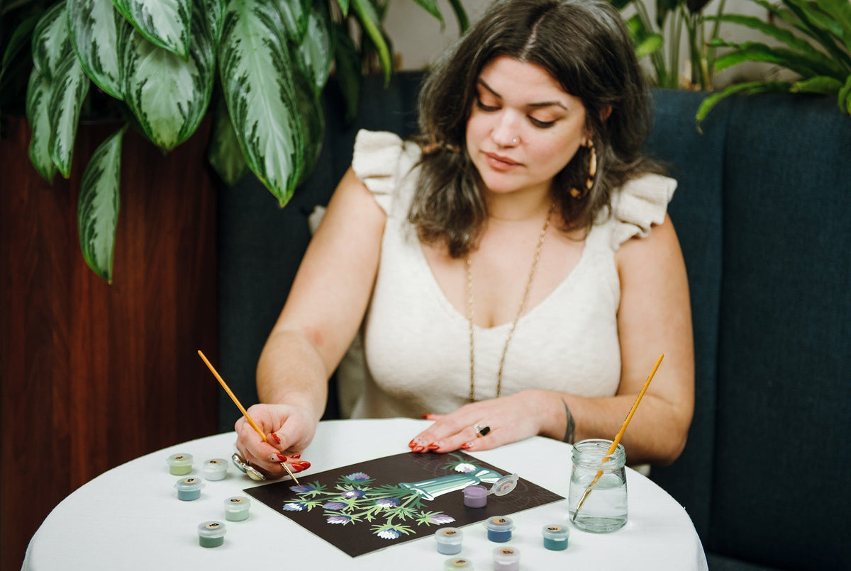 Elle Crée Thistles in Vase Paint-by-Number Kit, 8x10, being painted