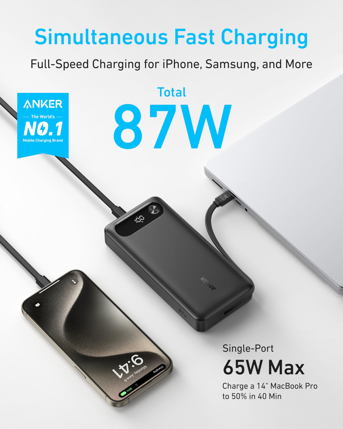 Anker | Power Bank | 20K, 87W, Built-In USB-C Cable