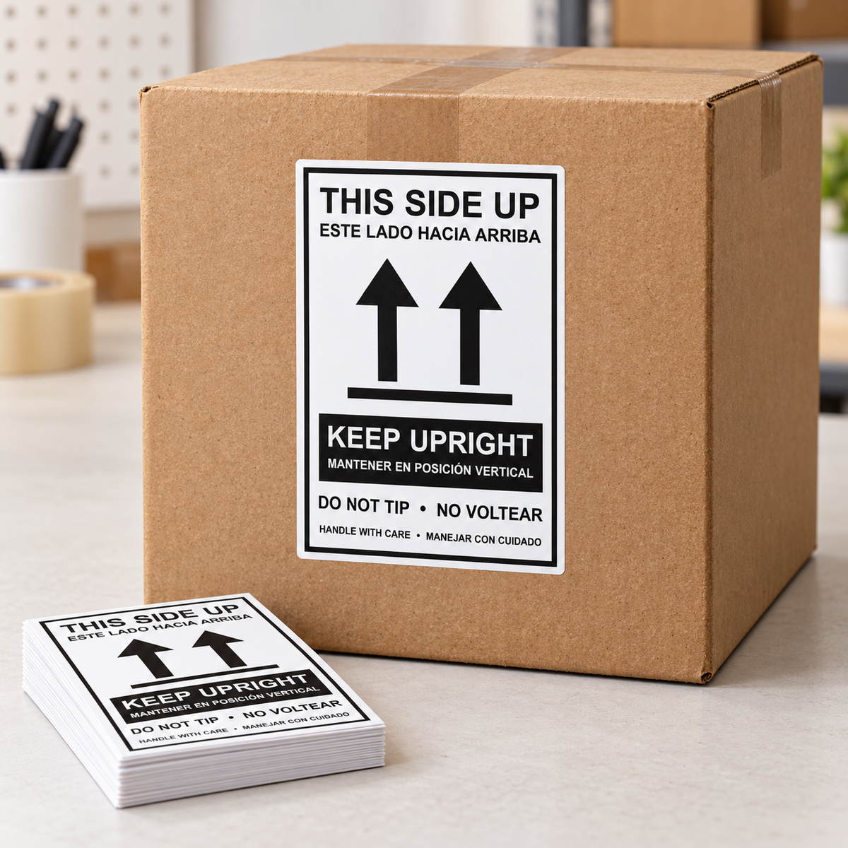 Keep Upright / Mantener en Posición Vertical label applied to a cardboard shipping box