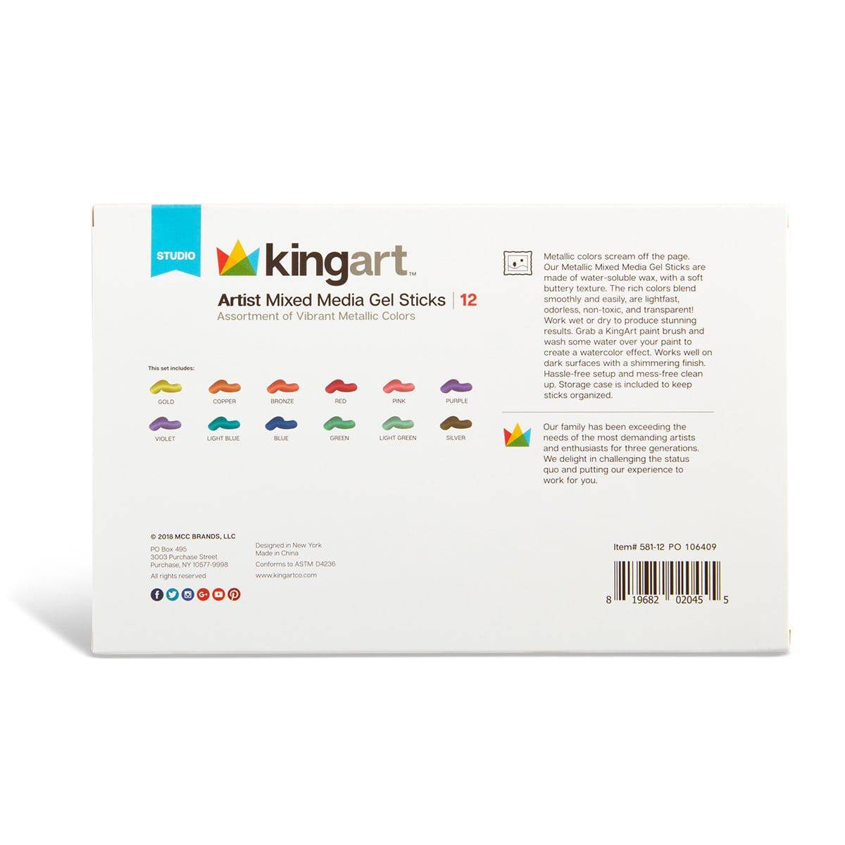 KINGART Mixed Media Gel Stick Crayons, 12 Metallic Colors, color swatches