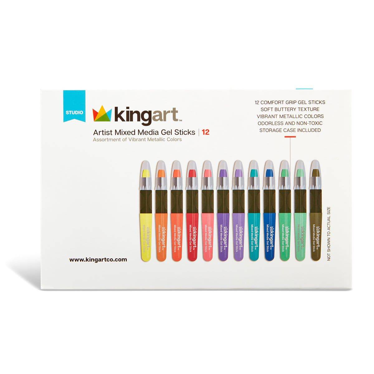 KINGART Mixed Media Gel Stick Crayons, 12 Metallic Colors, color swatches