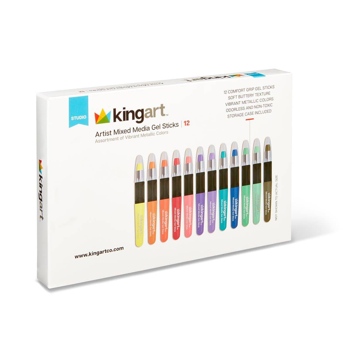 KINGART Mixed Media Gel Stick Crayons, 12 Metallic Colors, color swatches
